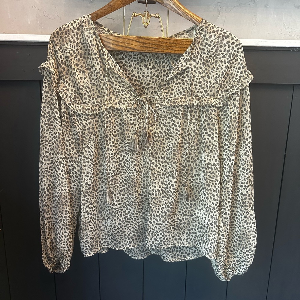 Lovestitch Leopard Print Blouse - Cream and Black‎ Peasant Boho Tassels size M